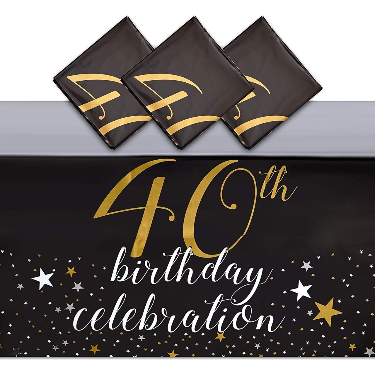 Black Plastic Tablecloth for Party, 40th Birthday Celebration (54 x 108 in, 3 Pack)